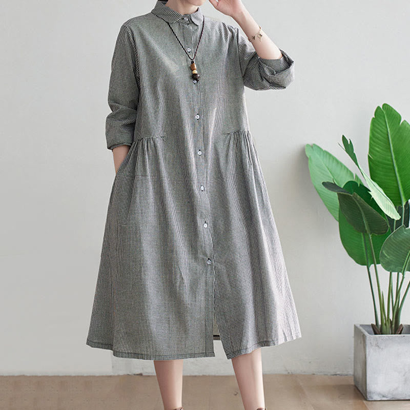 Vestido midi de algodón y lino con estampado de cuadrícula pequeña de Buddha Stones y bolsillos para mujer - image 7