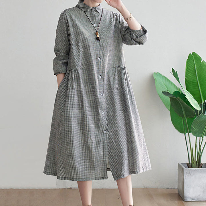 Vestido midi de algodón y lino con estampado de cuadrícula pequeña de Buddha Stones y bolsillos para mujer - image 7