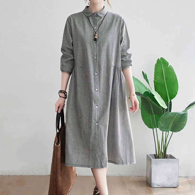 Vestido midi de algodón y lino con estampado de cuadrícula pequeña de Buddha Stones y bolsillos para mujer - image 8
