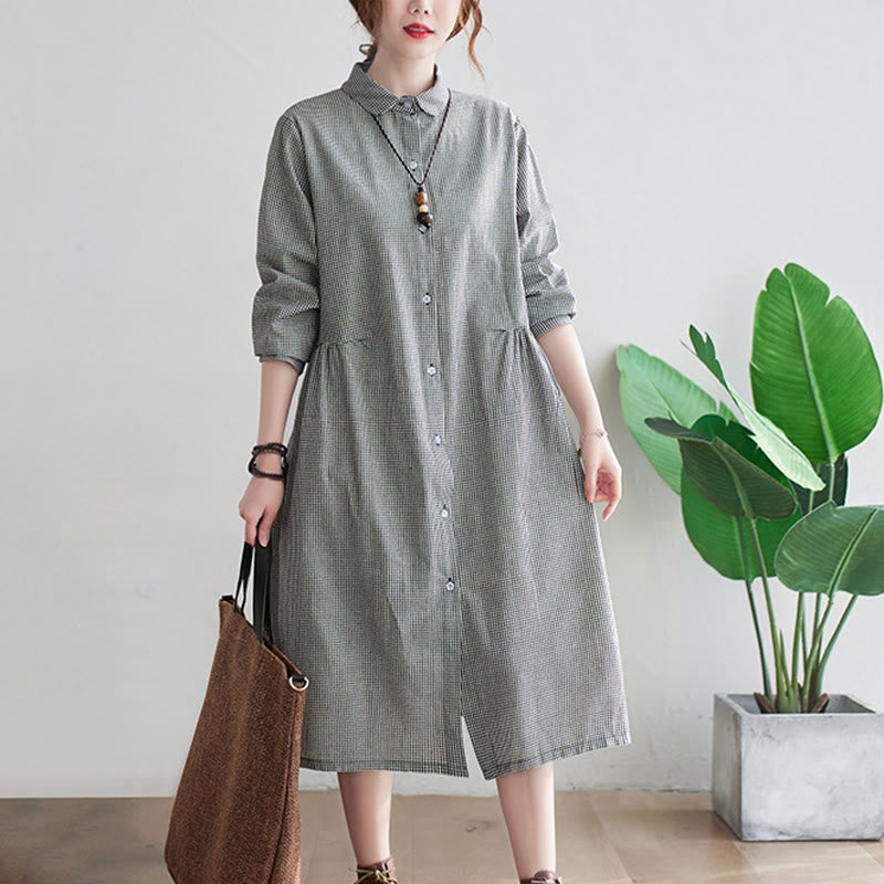 Vestido midi de algodón y lino con estampado de cuadrícula pequeña de Buddha Stones y bolsillos para mujer - image 10