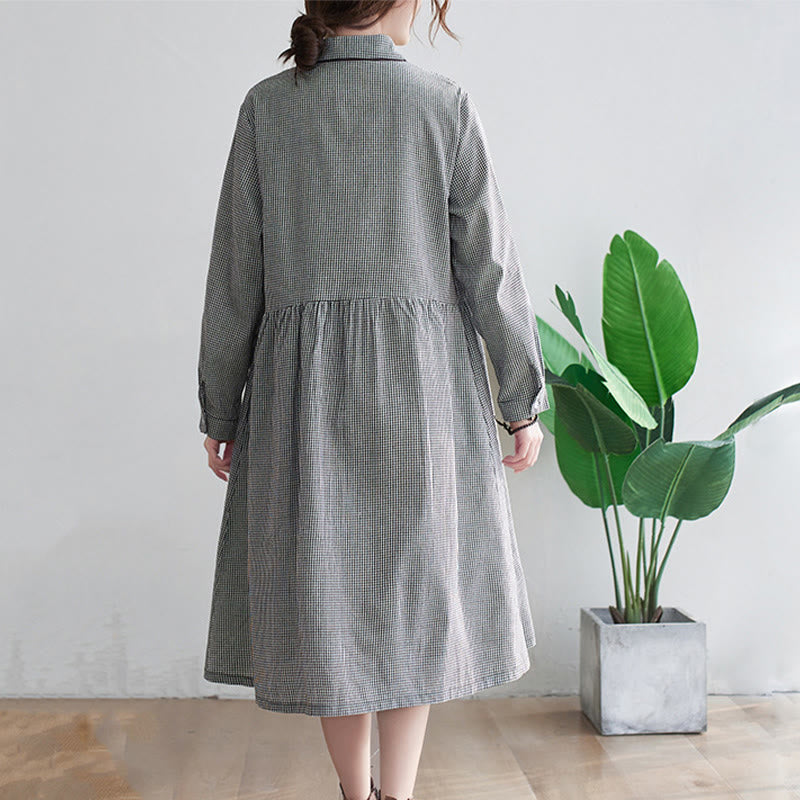 Vestido midi de algodón y lino con estampado de cuadrícula pequeña de Buddha Stones y bolsillos para mujer - image 6