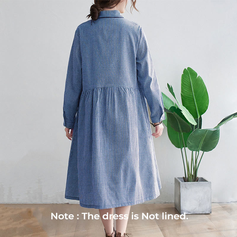 Vestido midi de algodón y lino con estampado de cuadrícula pequeña de Buddha Stones y bolsillos para mujer - image 2