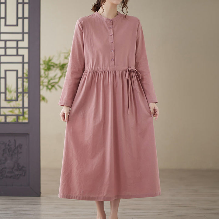 Vestido midi informal de lino y algodón con cuello redondo, cordones y bolsillos de Buddha Stones - image 16