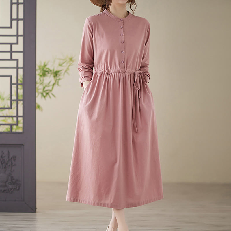 Vestido midi informal de lino y algodón con cuello redondo, cordones y bolsillos de Buddha Stones - Rosa - US8-10，UK/AU12-14，EU40-42 (2XL) - image 12