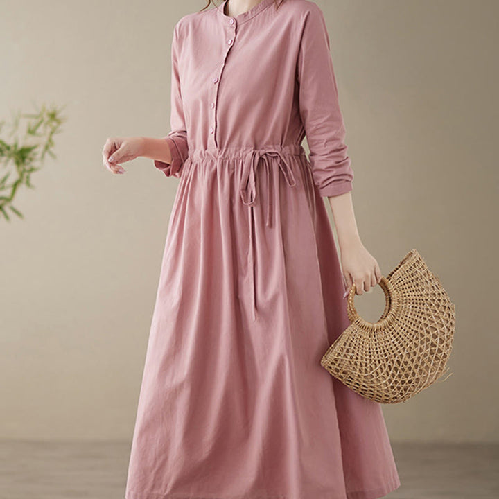 Vestido midi informal de lino y algodón con cuello redondo, cordones y bolsillos de Buddha Stones - image 15