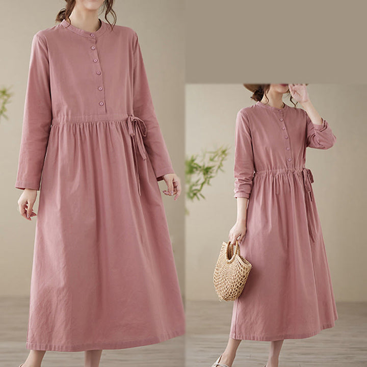 Vestido midi informal de lino y algodón con cuello redondo, cordones y bolsillos de Buddha Stones - image 17