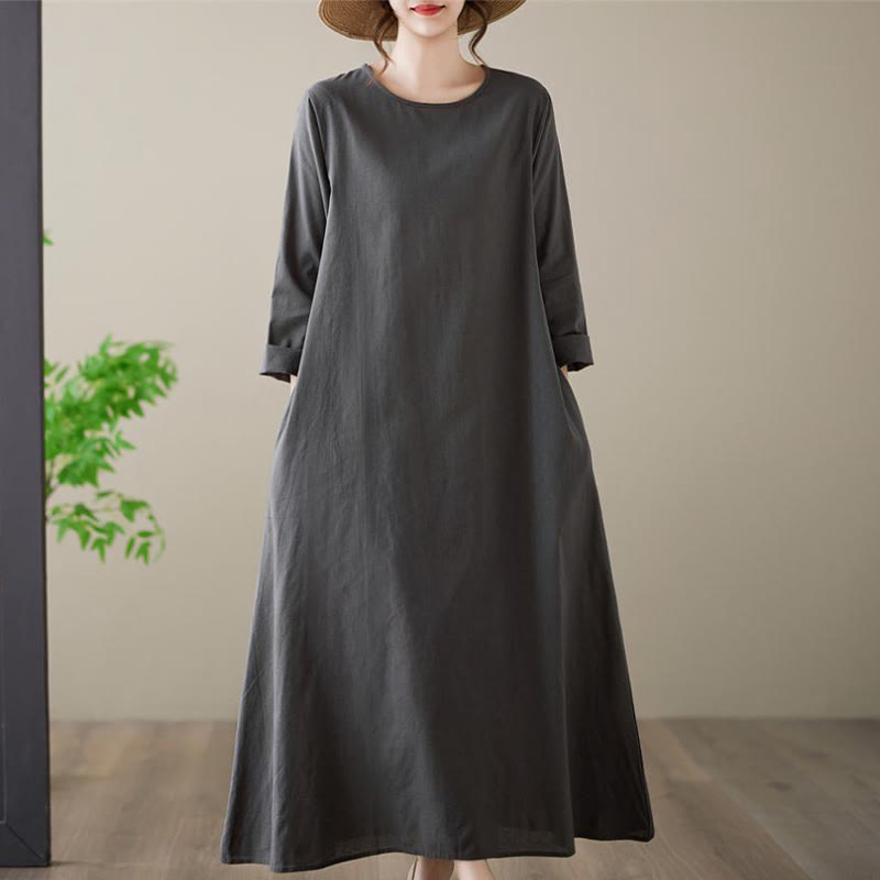 Vestido midi informal de algodón y lino con cuello redondo y bolsillos de Buddha Stones - Gris oscuro - US14, UK/AU18, EU46 (3XL) - image 1