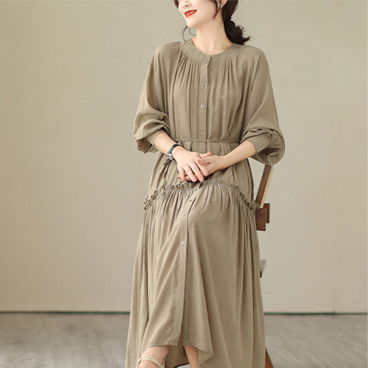 Vestido midi informal de poliéster plisado con cuello redondo y bolsillos de Buddha Stones - image 4