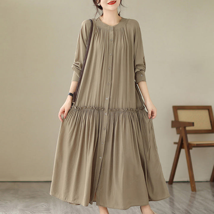 Vestido midi informal de poliéster plisado con cuello redondo y bolsillos de Buddha Stones - Broncearse - US4-6, UK/AU8-10, EU36-38 (F) - image 0