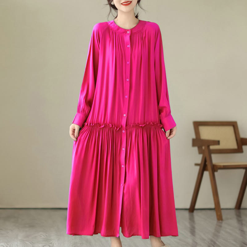 Vestido midi informal de poliéster plisado con cuello redondo y bolsillos de Buddha Stones - Rosa oscuro - US4-6, UK/AU8-10, EU36-38 (F) - image 8