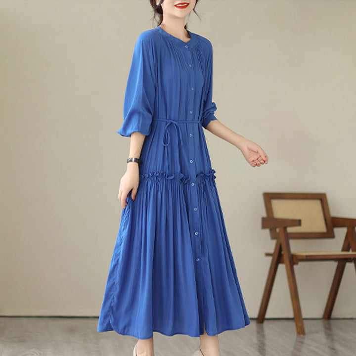 Vestido midi informal de poliéster plisado con cuello redondo y bolsillos de Buddha Stones - image 14
