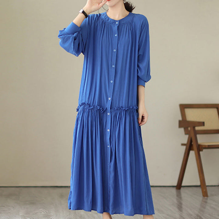 Vestido midi informal de poliéster plisado con cuello redondo y bolsillos de Buddha Stones - image 15