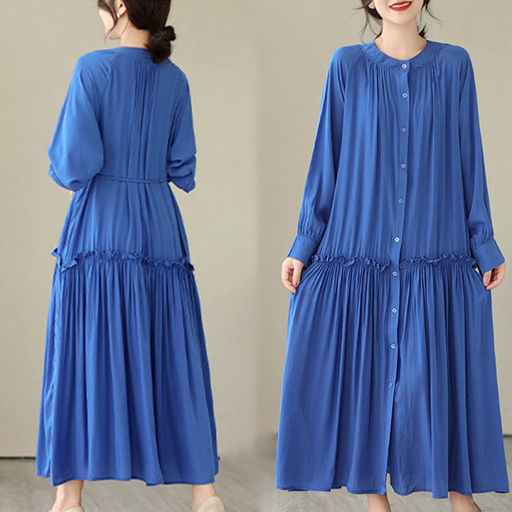 Vestido midi informal de poliéster plisado con cuello redondo y bolsillos de Buddha Stones - image 17
