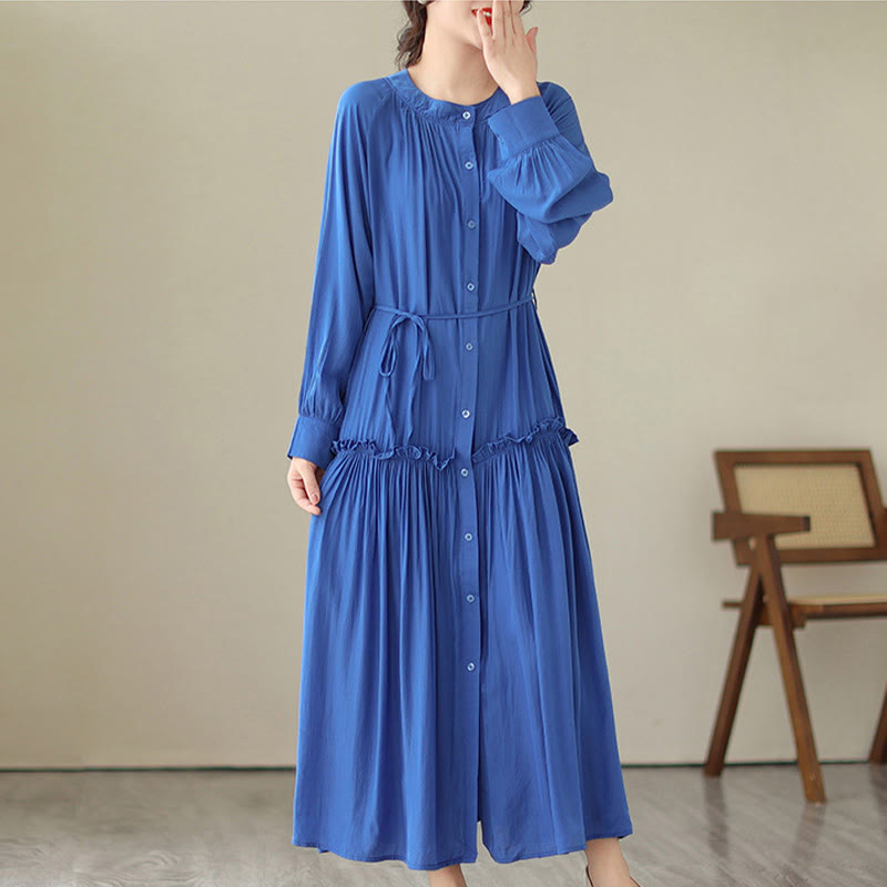 Vestido midi informal de poliéster plisado con cuello redondo y bolsillos de Buddha Stones - image 12