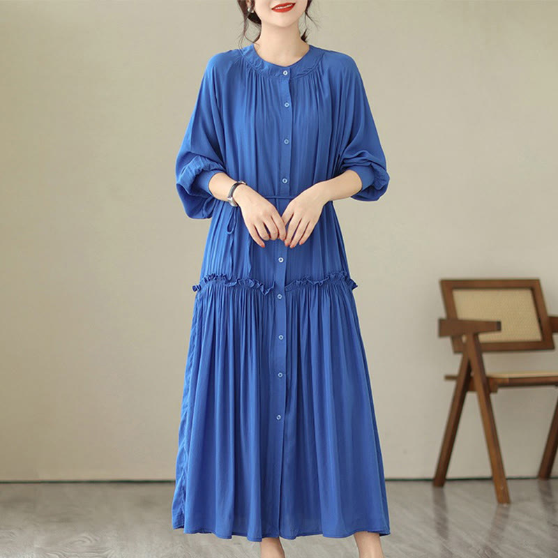 Vestido midi informal de poliéster plisado con cuello redondo y bolsillos de Buddha Stones - Azul real - US4-6, UK/AU8-10, EU36-38 (F) - image 10