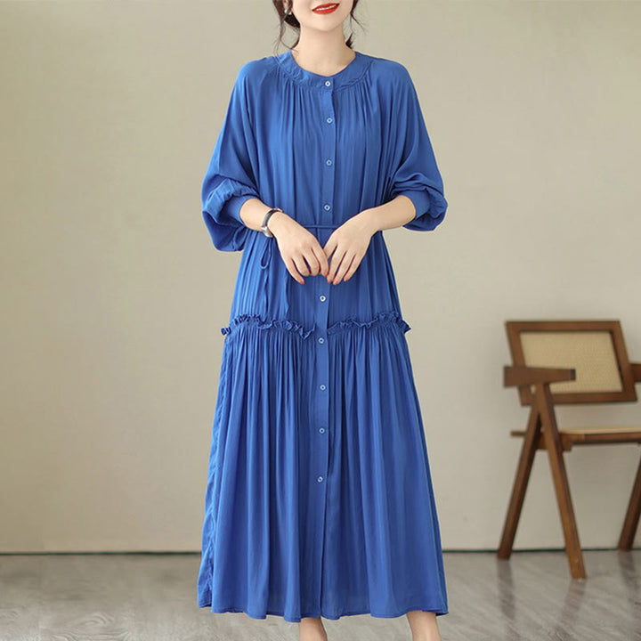 Vestido midi informal de poliéster plisado con cuello redondo y bolsillos de Buddha Stones - Azul real - US4-6, UK/AU8-10, EU36-38 (F) - image 10