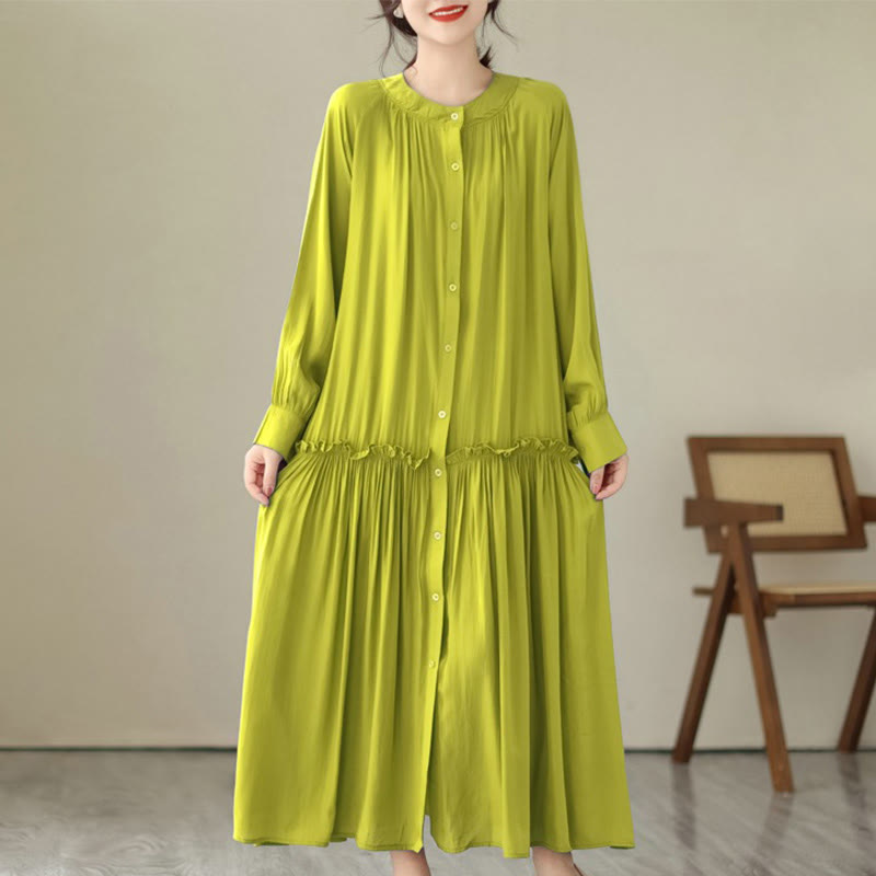 Vestido midi informal de poliéster plisado con cuello redondo y bolsillos de Buddha Stones - AmarilloVerde - US4-6, UK/AU8-10, EU36-38 (F) - image 23