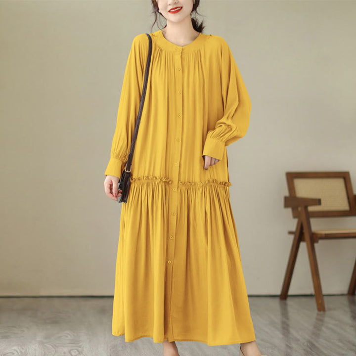 Vestido midi informal de poliéster plisado con cuello redondo y bolsillos de Buddha Stones - Oro - US4-6, UK/AU8-10, EU36-38 (F) - image 28