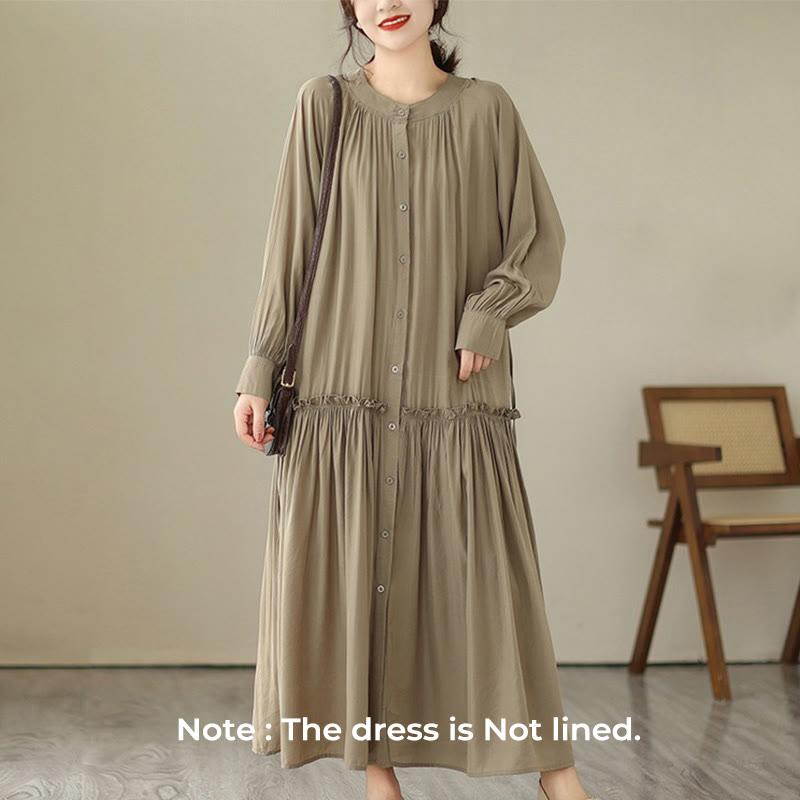 Vestido midi informal de poliéster plisado con cuello redondo y bolsillos de Buddha Stones - image 1