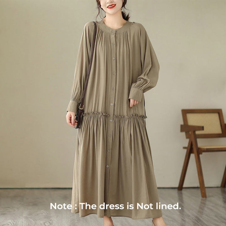 Vestido midi informal de poliéster plisado con cuello redondo y bolsillos de Buddha Stones - image 1