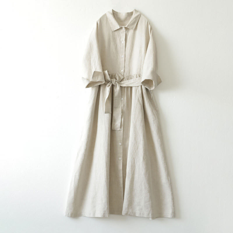 Vestido midi informal de lino con cuello alto, cordones y bolsillos de Buddha Stones - Beige - US8-10，UK/AU12-14，EU40-42 (2XL) - image 9