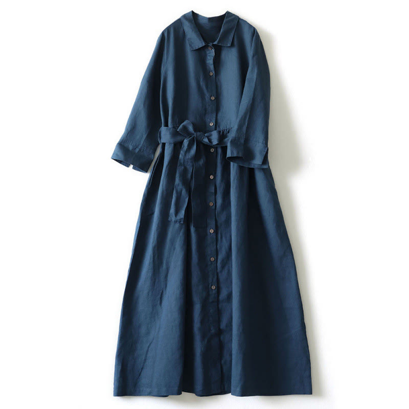 Vestido midi informal de lino con cuello alto, cordones y bolsillos de Buddha Stones - Azul oscuro - US8-10，UK/AU12-14，EU40-42 (2XL) - image 1