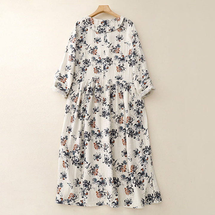 Vestido midi informal de lino y algodón con cuello redondo y estampado floral pequeño de Buddha Stones con bolsillos - image 3