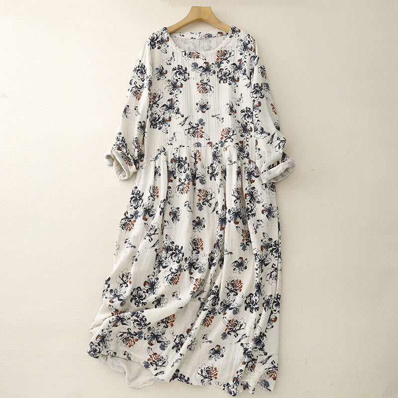 Vestido midi informal de lino y algodón con cuello redondo y estampado floral pequeño de Buddha Stones con bolsillos - FloralBlanco - US8-10，UK/AU12-14，EU40-42 (2XL) - image 1