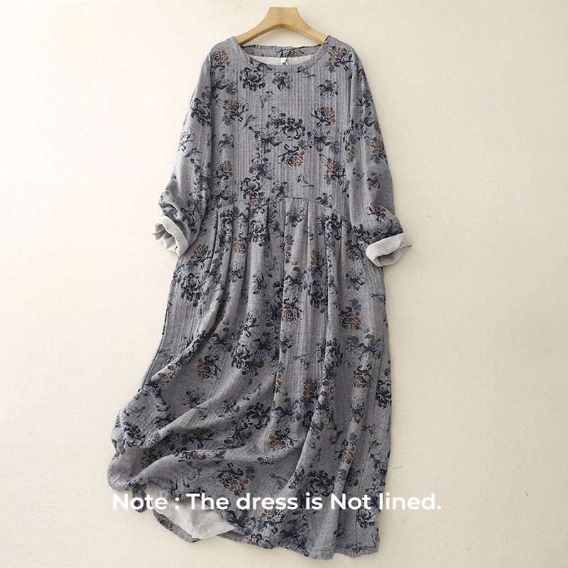 Vestido midi informal de lino y algodón con cuello redondo y estampado floral pequeño de Buddha Stones con bolsillos - image 13