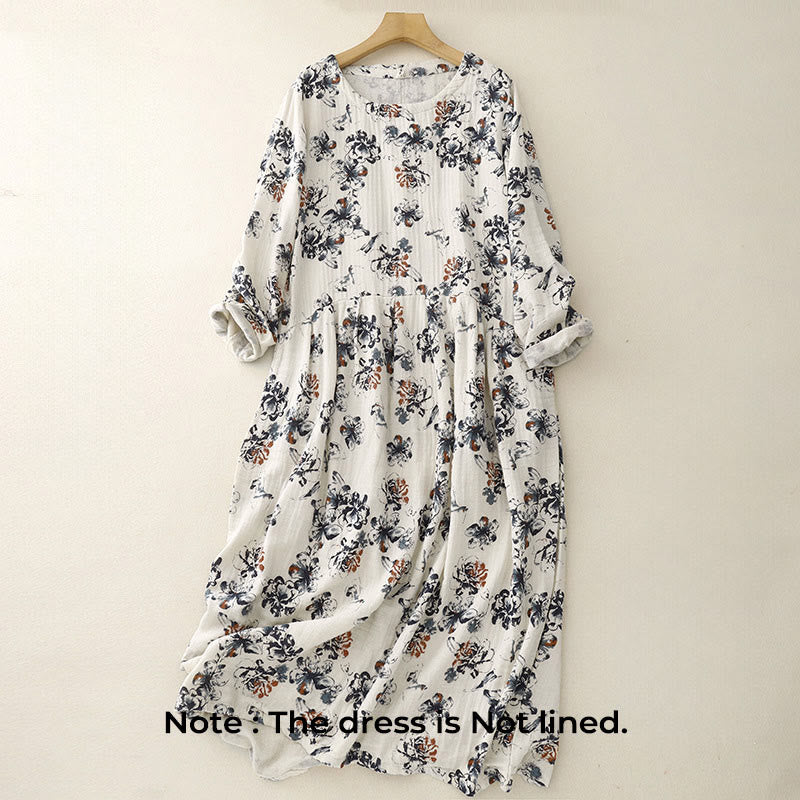 Vestido midi informal de lino y algodón con cuello redondo y estampado floral pequeño de Buddha Stones con bolsillos - image 2