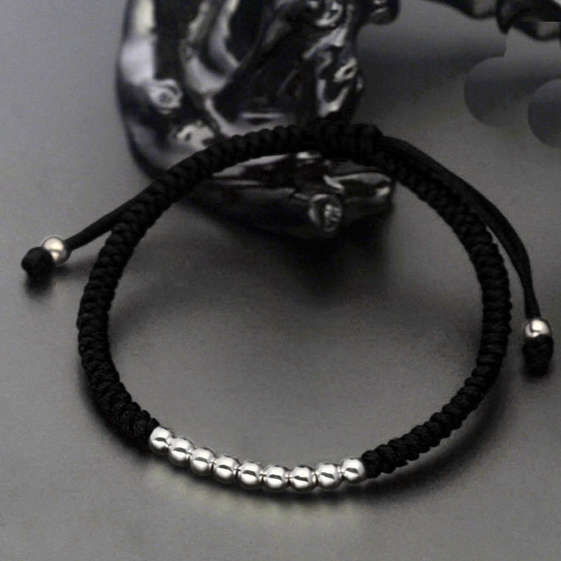 Pulsera de la suerte con cuentas simples de Buddha Stones en plata de ley 925 estilo retro con nudo - Plata de ley 925 (circunferencia de la muñeca: 15-22 cm) - Negro - image 1