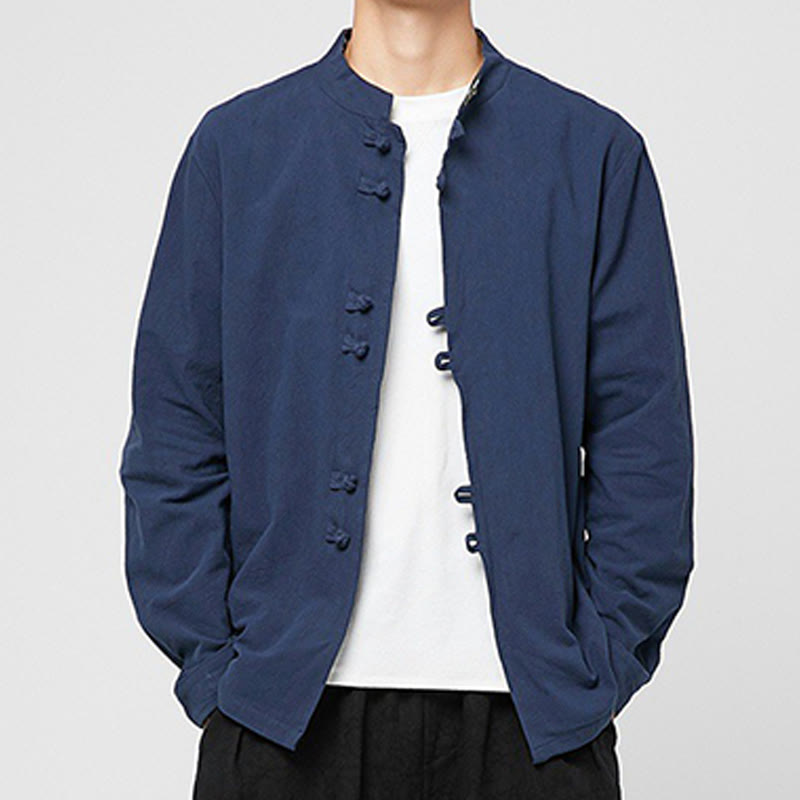 Buddha Stones Camisa de manga larga de algodón con puños con estampado de dragón y botones de rana para hombre - Marina de guerra - US/UK/AU46, EU56 (5XL) - image 0