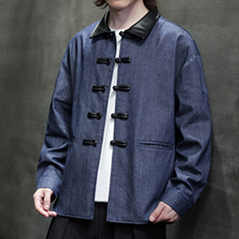 Camisa de algodón de manga larga con botones de rana y bolsillos para hombre de Buddha Stones - Azul medianoche - US/UK/AU46, EU56 (5XL) - image 0