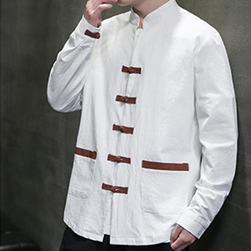Camisa de lino y algodón con cuello alto y botones de rana para hombre de Buddha Stones, manga larga y bolsillos - image 2