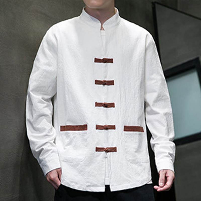 Camisa de lino y algodón con cuello alto y botones de rana para hombre de Buddha Stones, manga larga y bolsillos - image 5