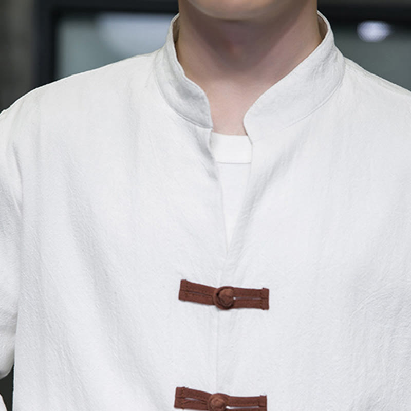 Camisa de lino y algodón con cuello alto y botones de rana para hombre de Buddha Stones, manga larga y bolsillos - image 9
