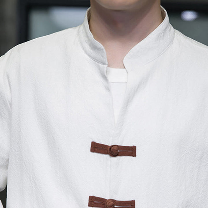 Camisa de lino y algodón con cuello alto y botones de rana para hombre de Buddha Stones, manga larga y bolsillos - image 9
