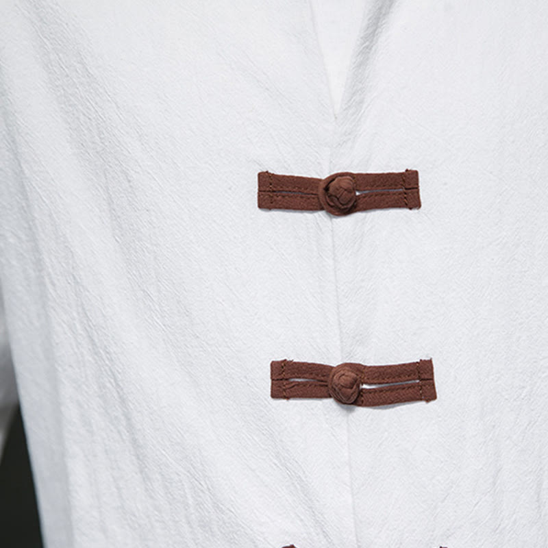 Camisa de lino y algodón con cuello alto y botones de rana para hombre de Buddha Stones, manga larga y bolsillos - image 7