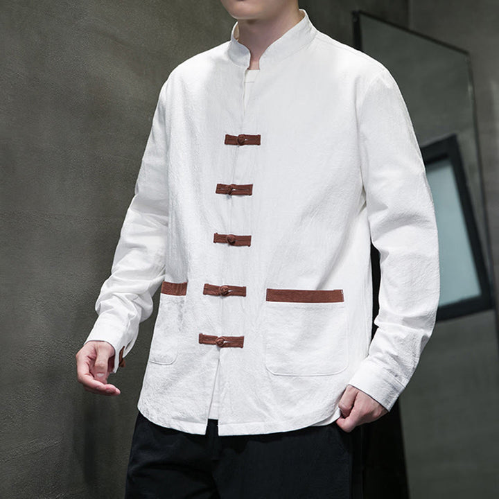 Camisa de lino y algodón con cuello alto y botones de rana para hombre de Buddha Stones, manga larga y bolsillos - image 3