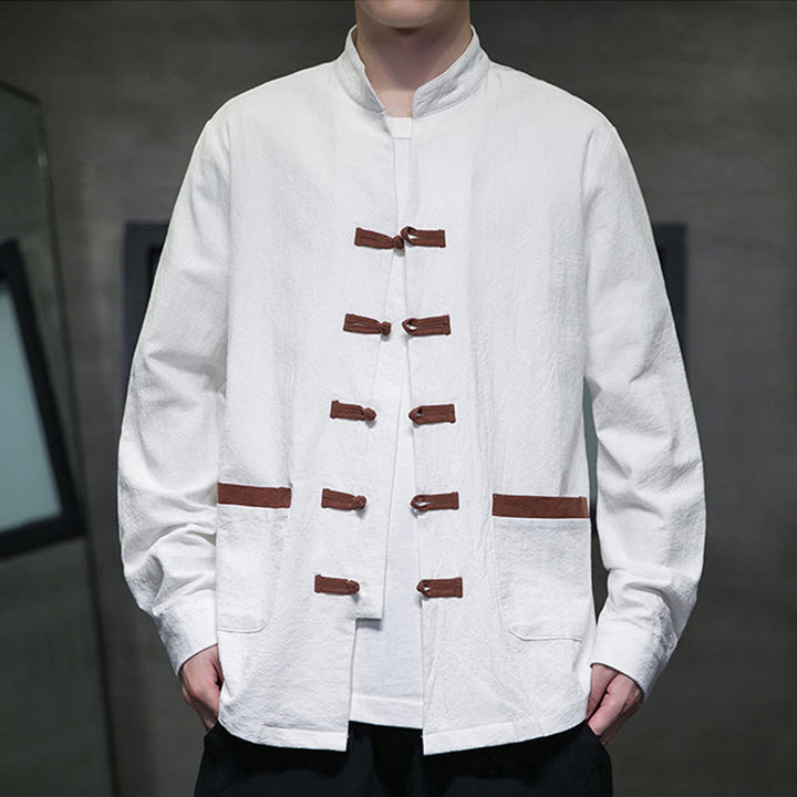 Camisa de lino y algodón con cuello alto y botones de rana para hombre de Buddha Stones, manga larga y bolsillos - Blanco - US/UK/AU46, EU56 (5XL) - image 1