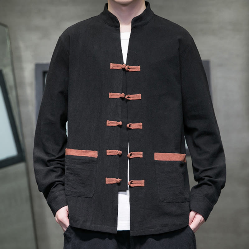 Camisa de lino y algodón con cuello alto y botones de rana para hombre de Buddha Stones, manga larga y bolsillos - Negro - US/UK/AU46, EU56 (5XL) - image 10