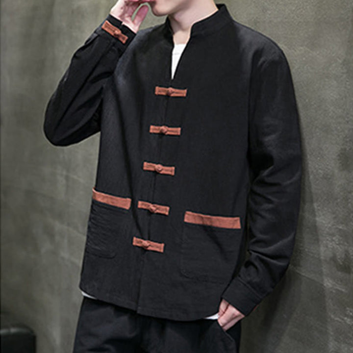 Camisa de lino y algodón con cuello alto y botones de rana para hombre de Buddha Stones, manga larga y bolsillos - image 12