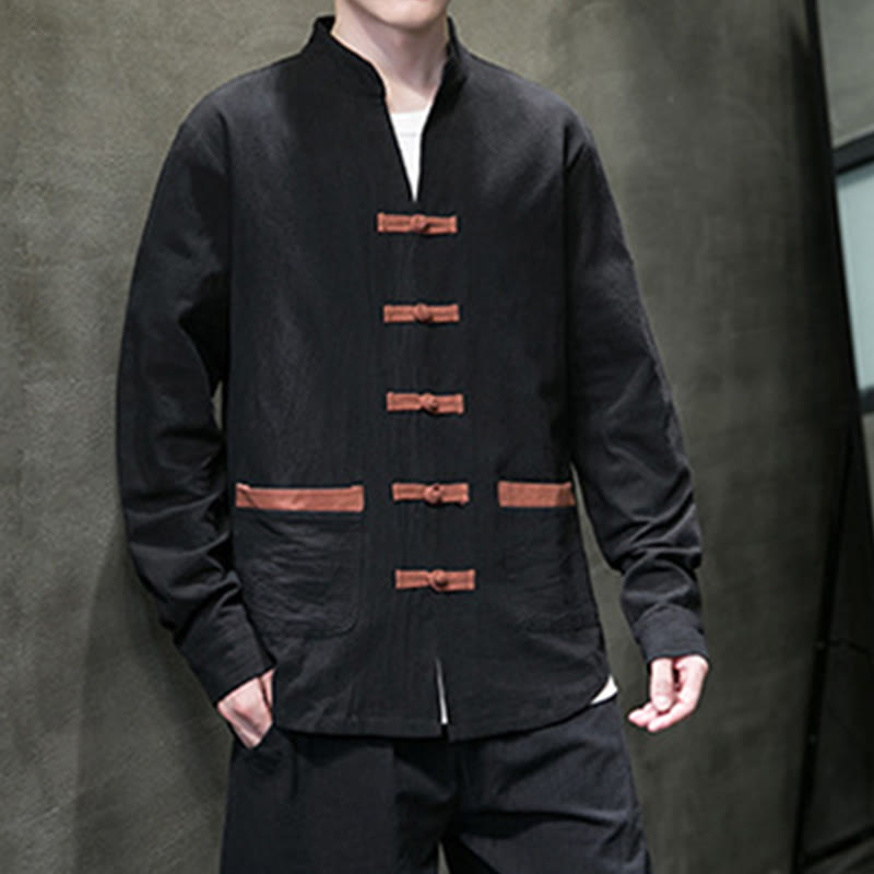 Camisa de lino y algodón con cuello alto y botones de rana para hombre de Buddha Stones, manga larga y bolsillos - image 13