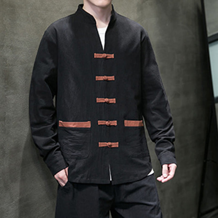 Camisa de lino y algodón con cuello alto y botones de rana para hombre de Buddha Stones, manga larga y bolsillos - image 13