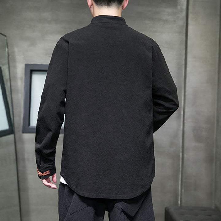 Camisa de lino y algodón con cuello alto y botones de rana para hombre de Buddha Stones, manga larga y bolsillos - image 14