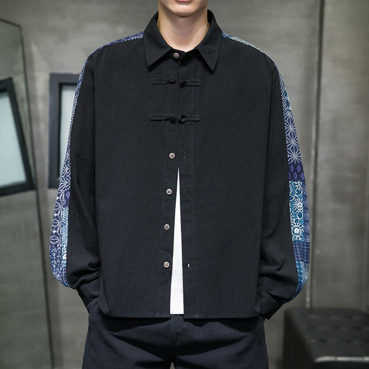 Camisa de manga larga de algodón con estampado floral y costuras de Buddha Stones para hombre - Negro - US/UK/AU50, UE60 (5XL) - image 1