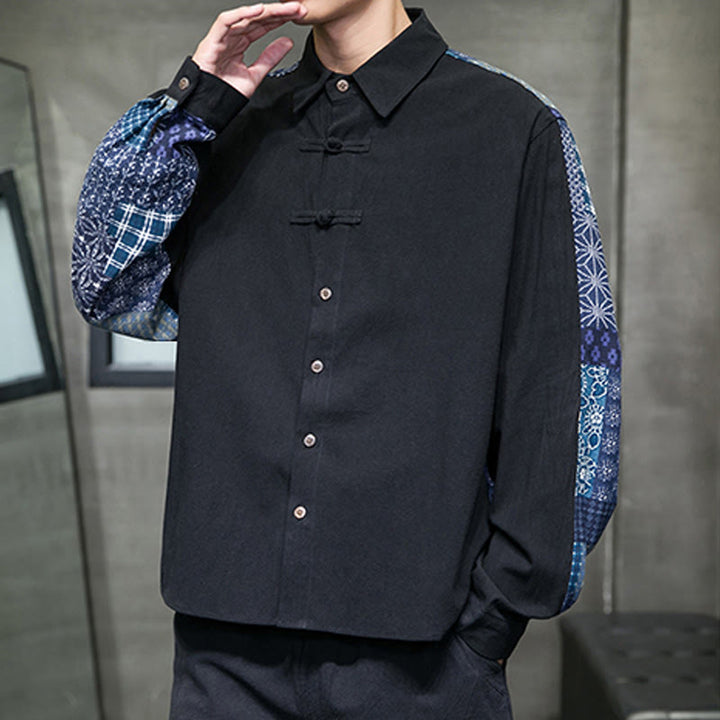 Camisa de manga larga de algodón con estampado floral y costuras de Buddha Stones para hombre - image 2