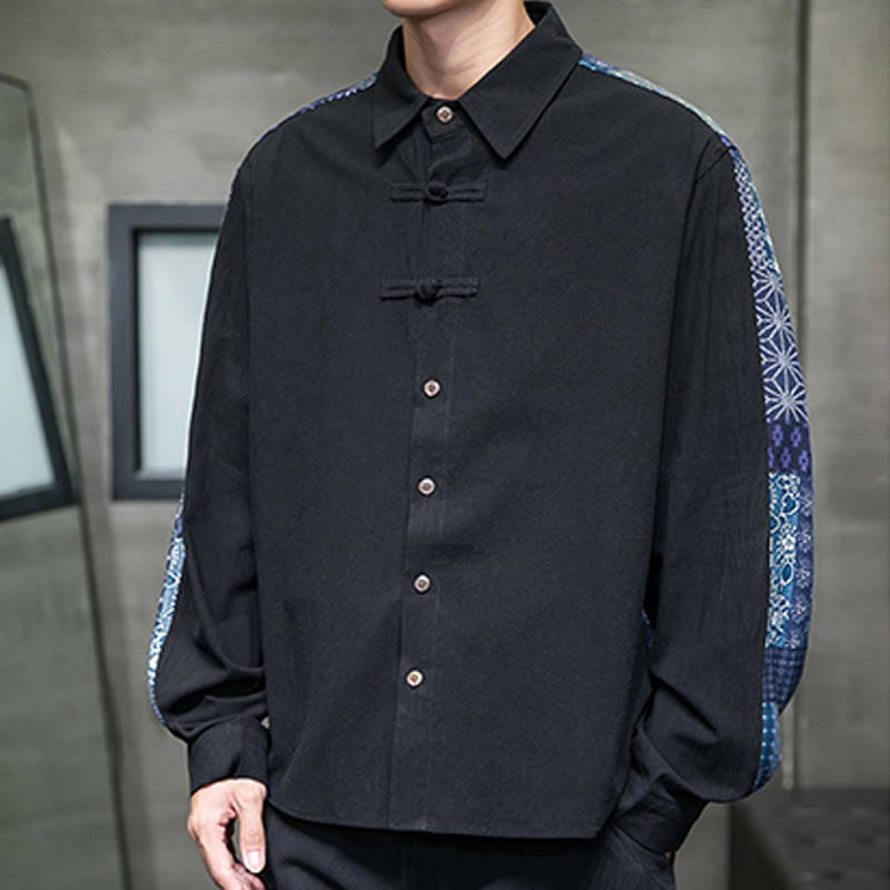 Camisa de manga larga de algodón con estampado floral y costuras de Buddha Stones para hombre - image 4
