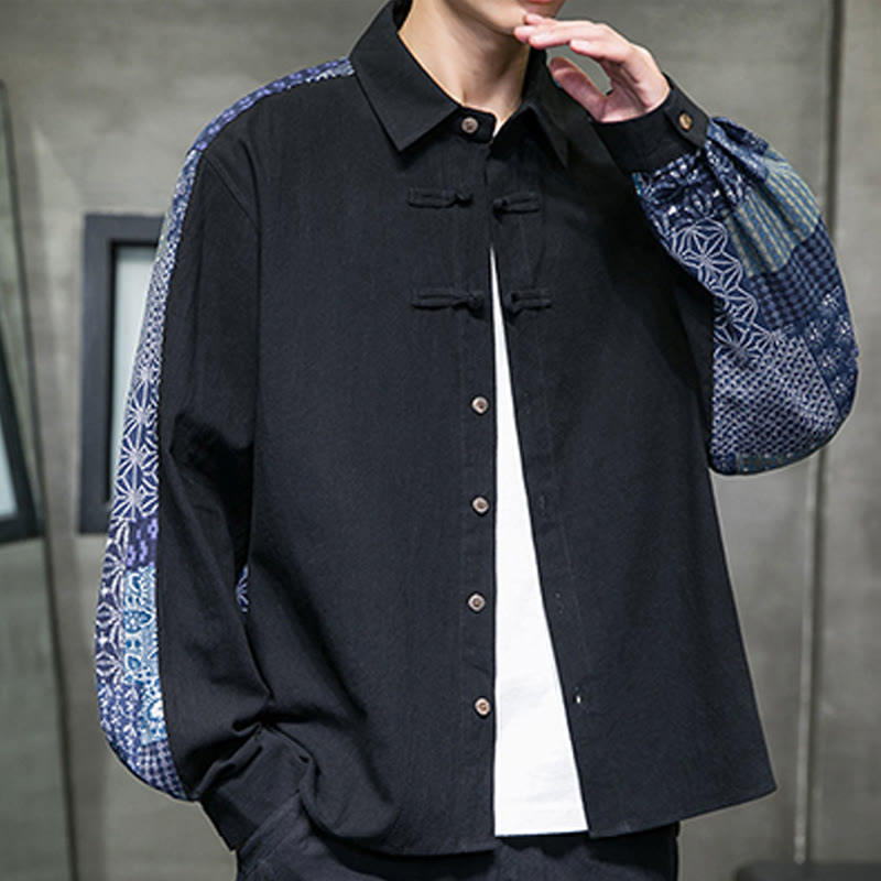 Camisa de manga larga de algodón con estampado floral y costuras de Buddha Stones para hombre - image 3