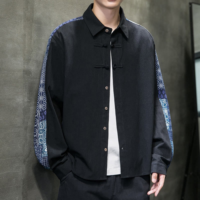 Camisa de manga larga de algodón con estampado floral y costuras de Buddha Stones para hombre - image 7